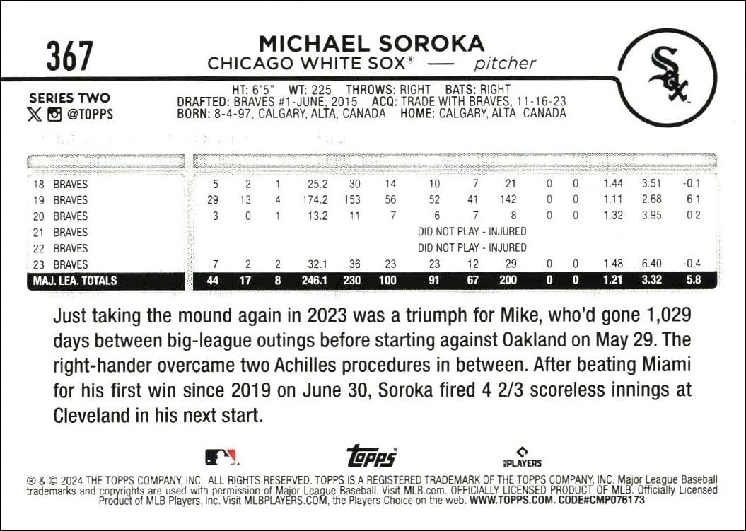2024 Topps Series 2 Michael Soroka #367 baseball trading card back