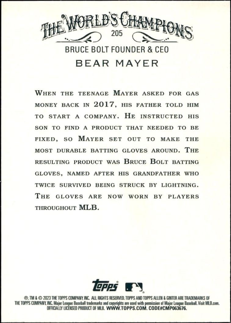 2023 Topps Allen & Ginter Bear Mayer #205 baseball trading card back