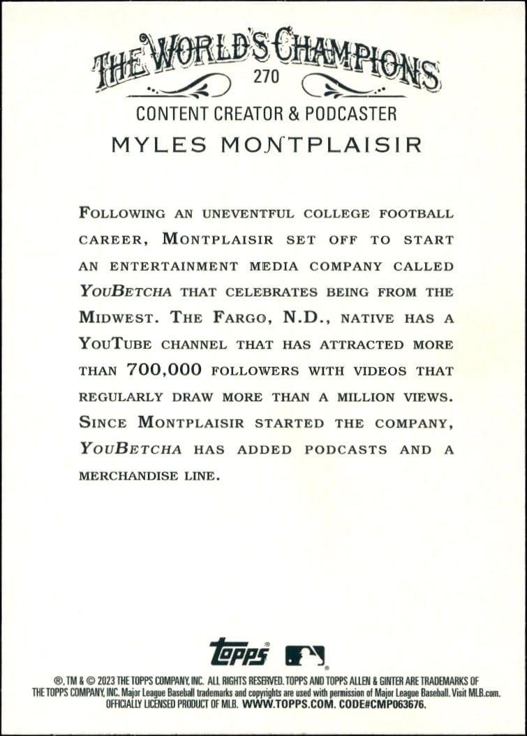 2023 Topps Allen & Ginter Myles Montplaisir #270 baseball trading card back