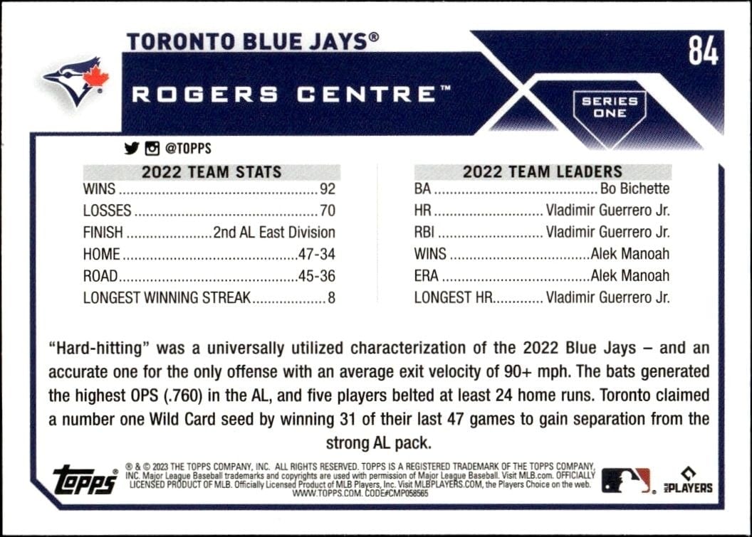 2023 Topps Toronto Blue Jays #84 baseball trading card back