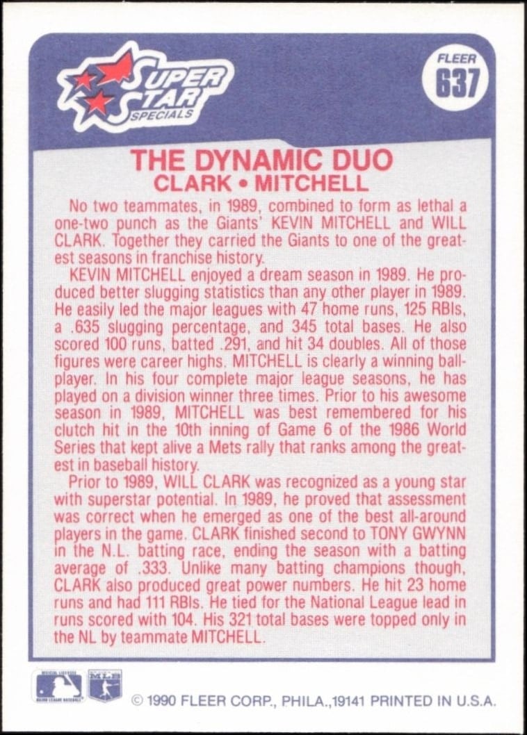 1990 Fleer Will Clark #637 baseball trading card back