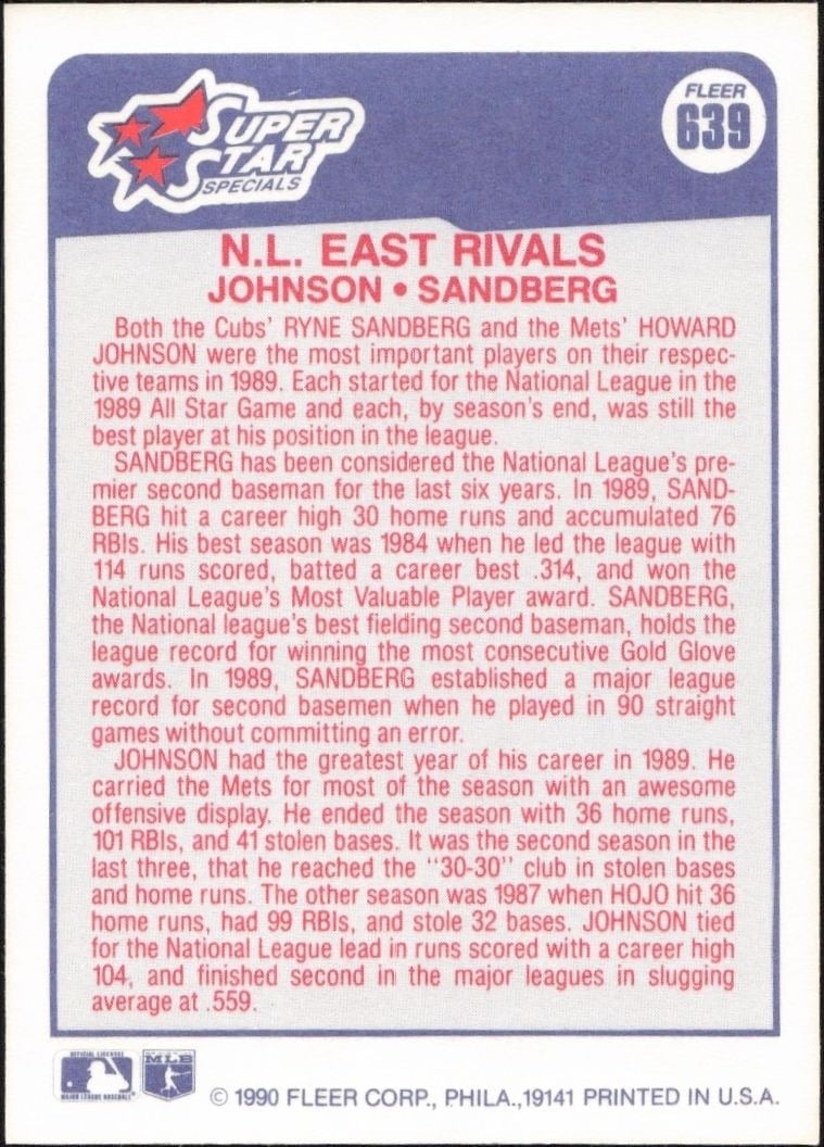 1990 Fleer Howard Johnson #639 baseball trading card back