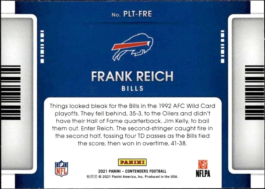 2021 Panini Contenders Frank Reich #PLT-FRE football trading card back
