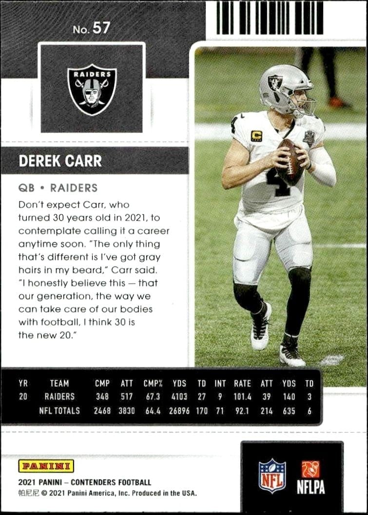 2021 Panini Contenders Derek Carr #57 football trading card back