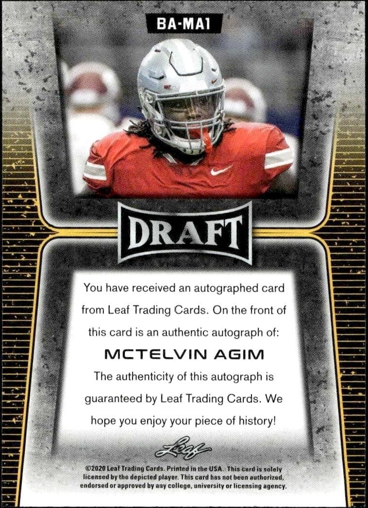 2020 Leaf Draft McTelvin Agim #BA-MA1 football trading card back
