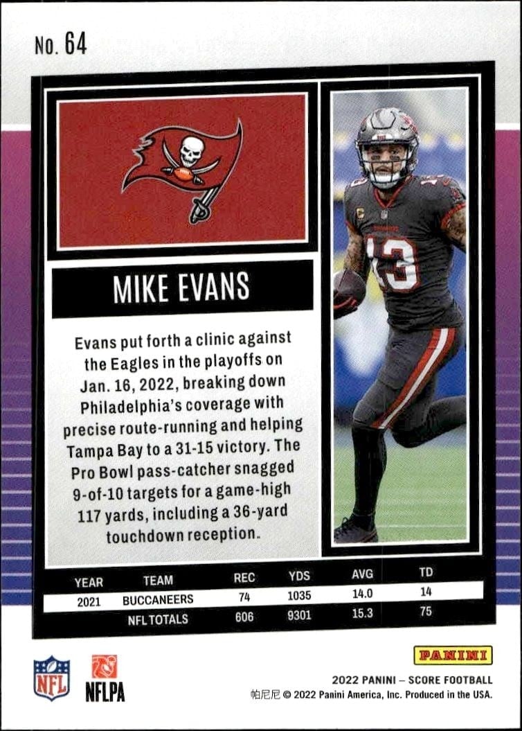 2022 Panini Score Mike Evans #64 football trading card back