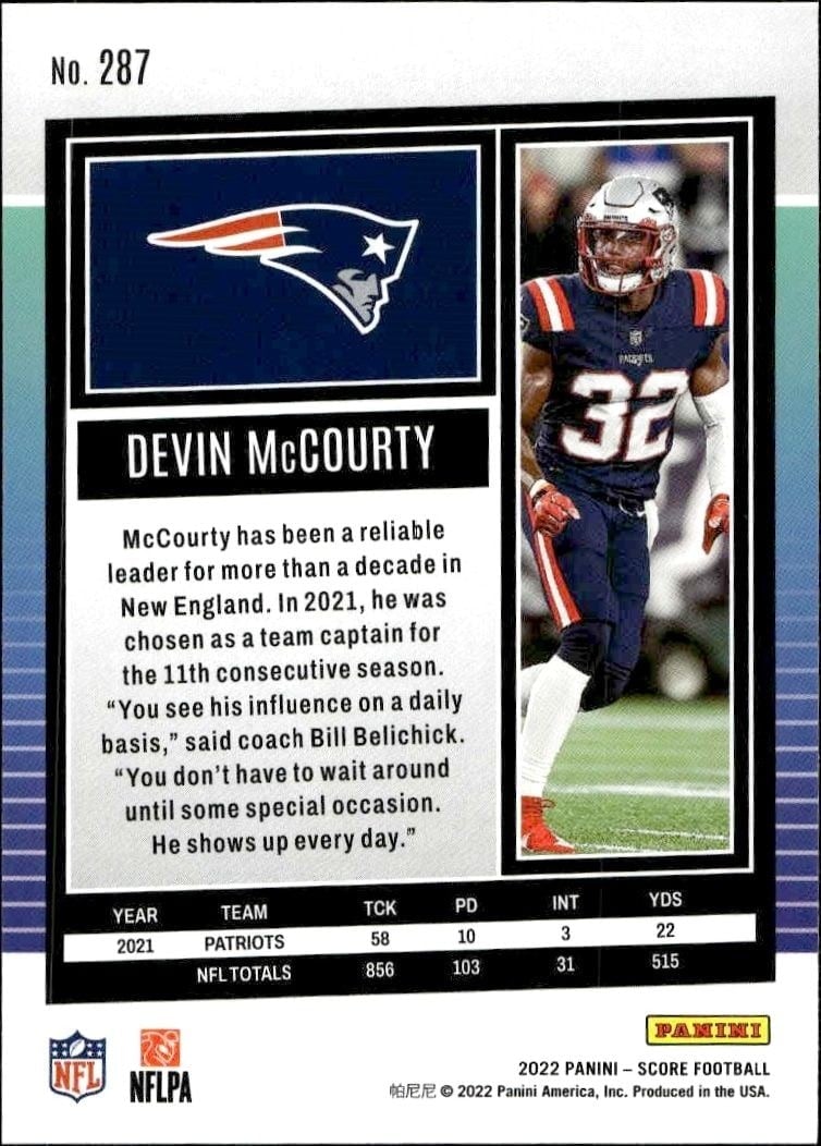 2022 Panini Score Devin McCourty #287 football trading card back