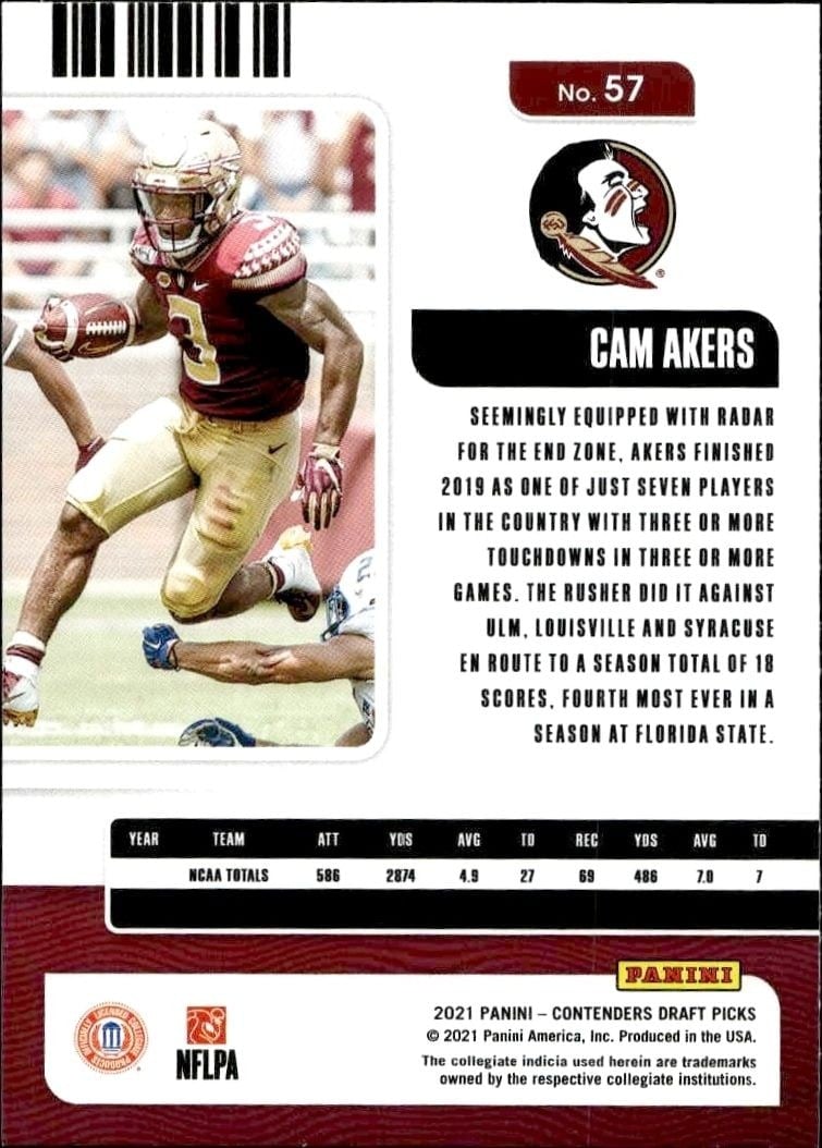 2021 Panini Contenders Draft Picks Cam Akers #57 football trading card back