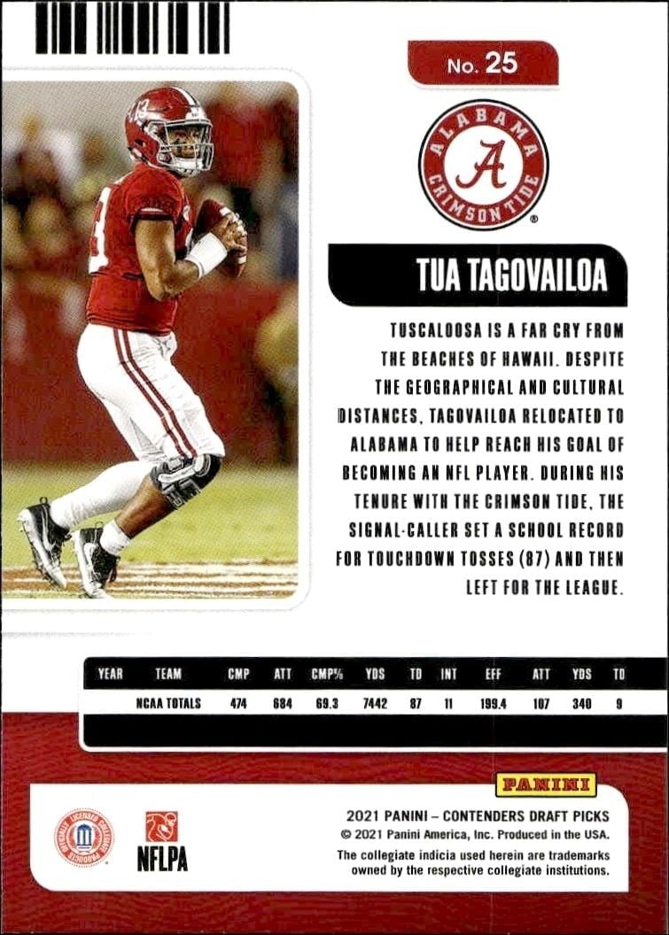 2021 Panini Contenders Draft Picks Tua Tagovailoa #25 football trading card back