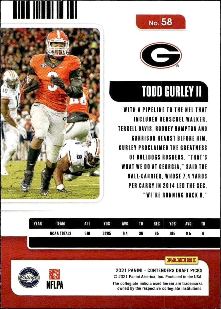 2021 Panini Contenders Draft Picks Todd Gurley II #58 football trading card back