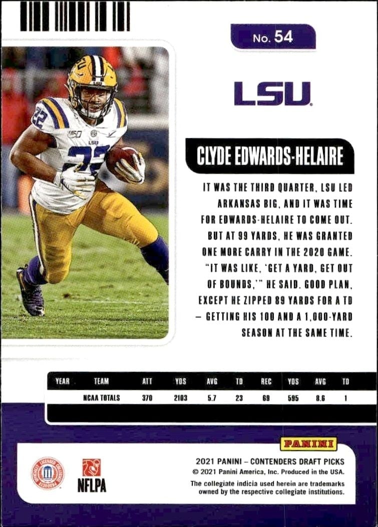 2021 Panini Contenders Draft Picks Clyde Edwards-Helaire #54 football trading card back
