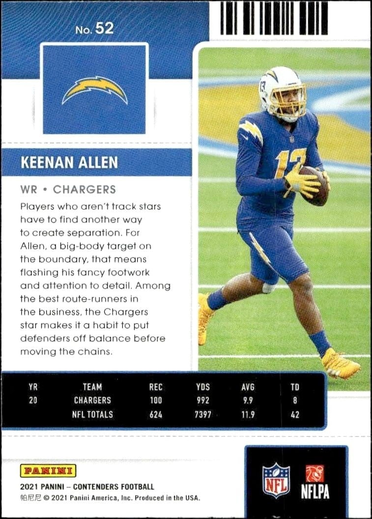 2021 Panini Contenders Keenan Allen #52 football trading card back