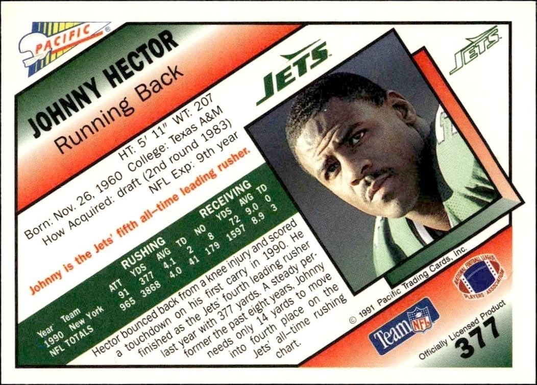 1991 Pacific Johnny Hector #377 football trading card back