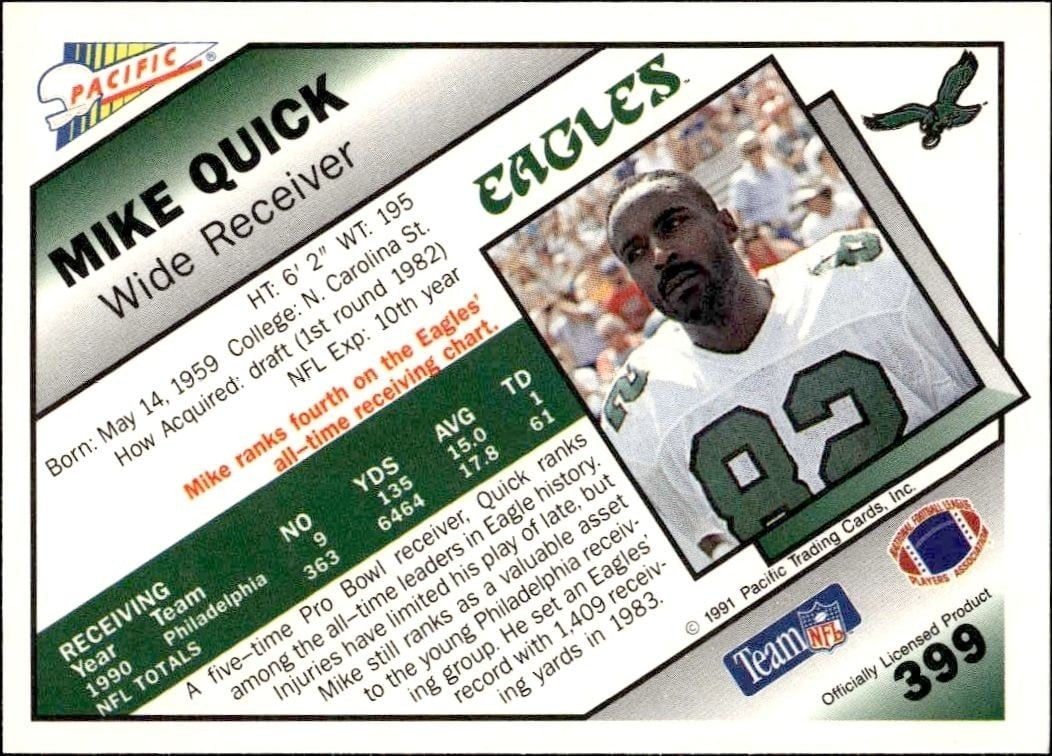 1991 Pacific Mike Quick #399 football trading card back