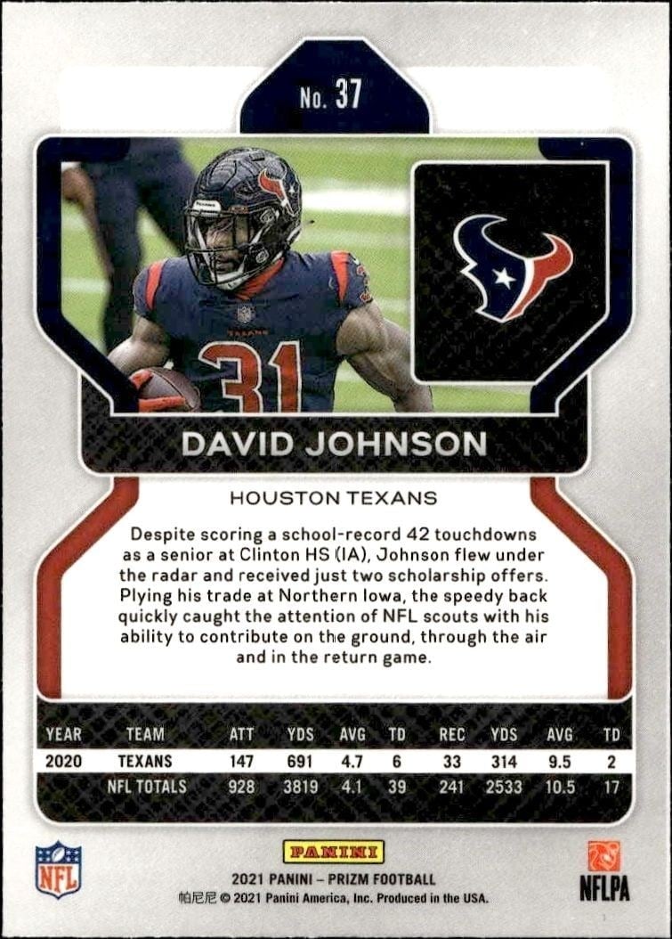 2022 Panini Prizm David Johnson #37 football trading card back