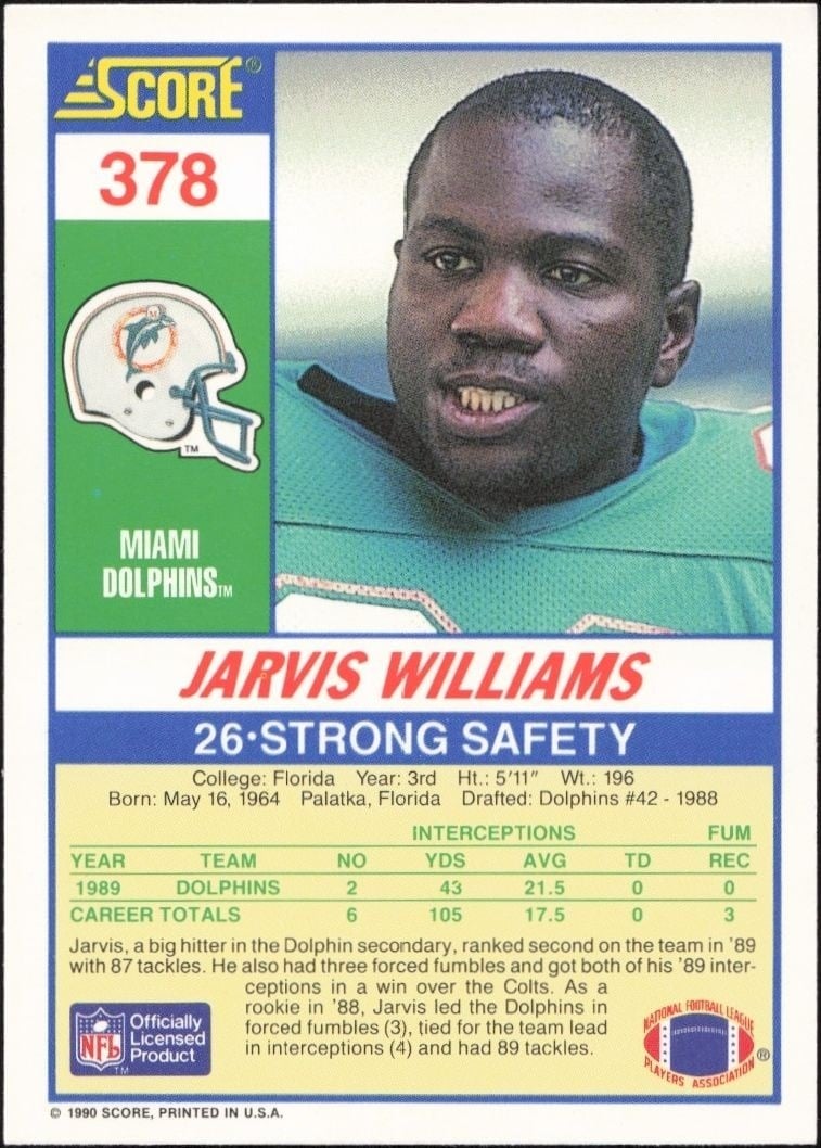1990 Score Jarvis Williams #378 football trading card back
