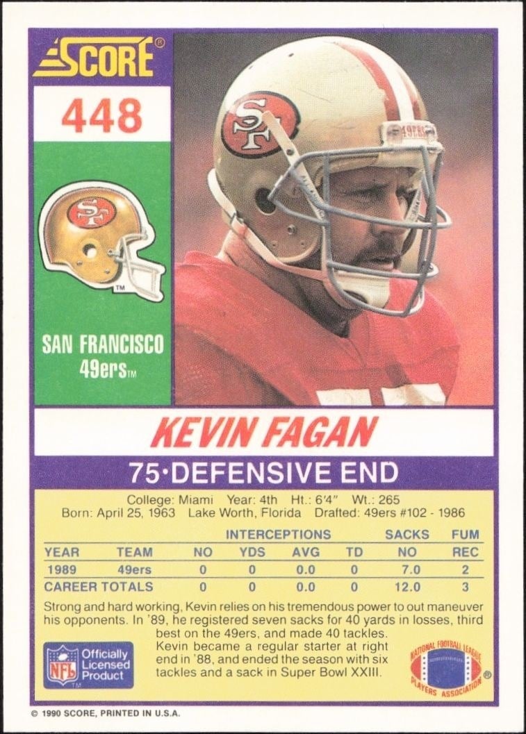 1990 Score Kevin Fagan #448 football trading card back