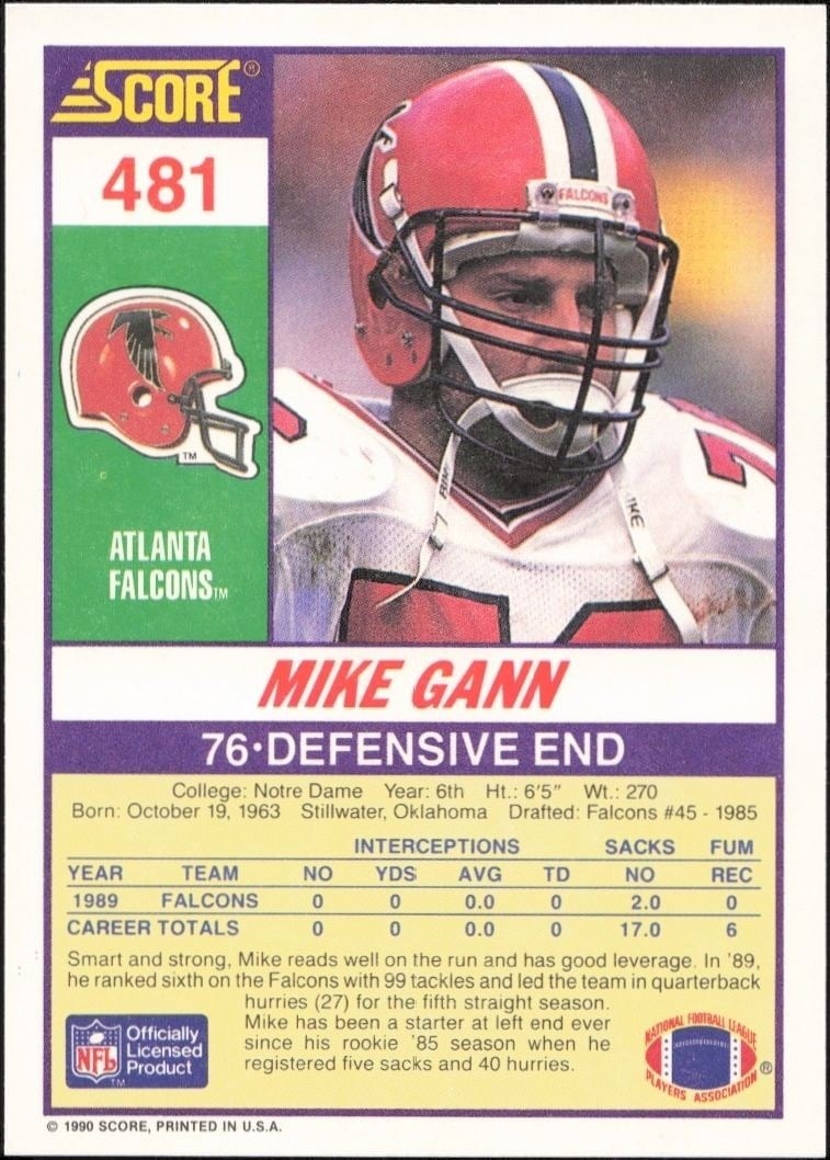1990 Score Mike Gann #481 football trading card back