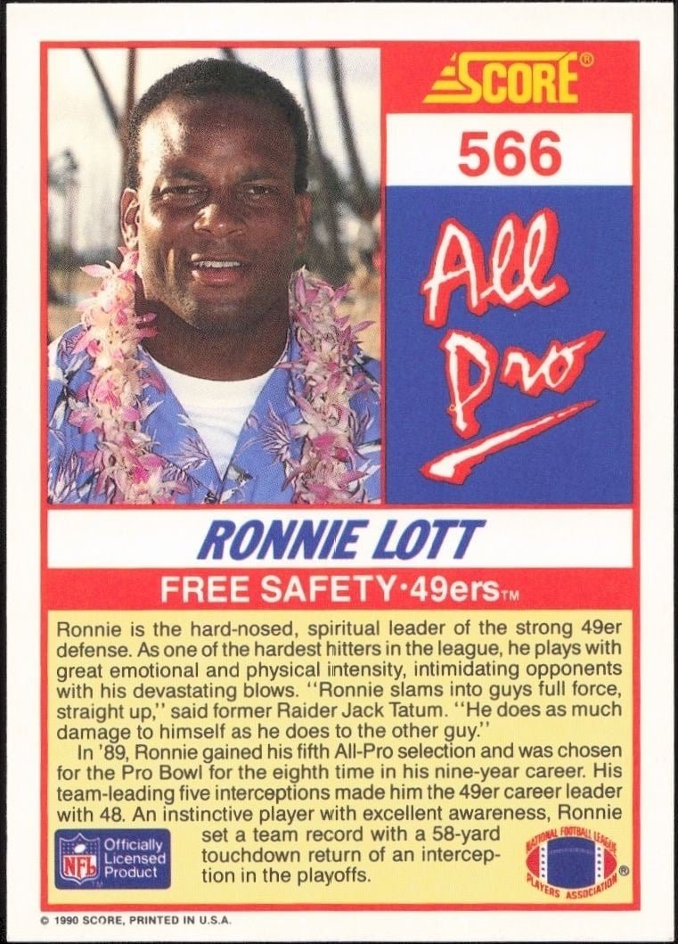 1990 Score Ronnie Lott #566 football trading card back