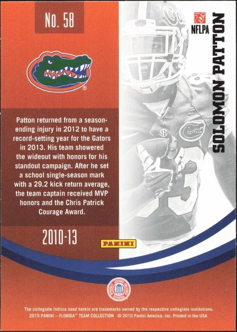 2015 Panini Florida Gators Solomon Patton #58 football trading card back
