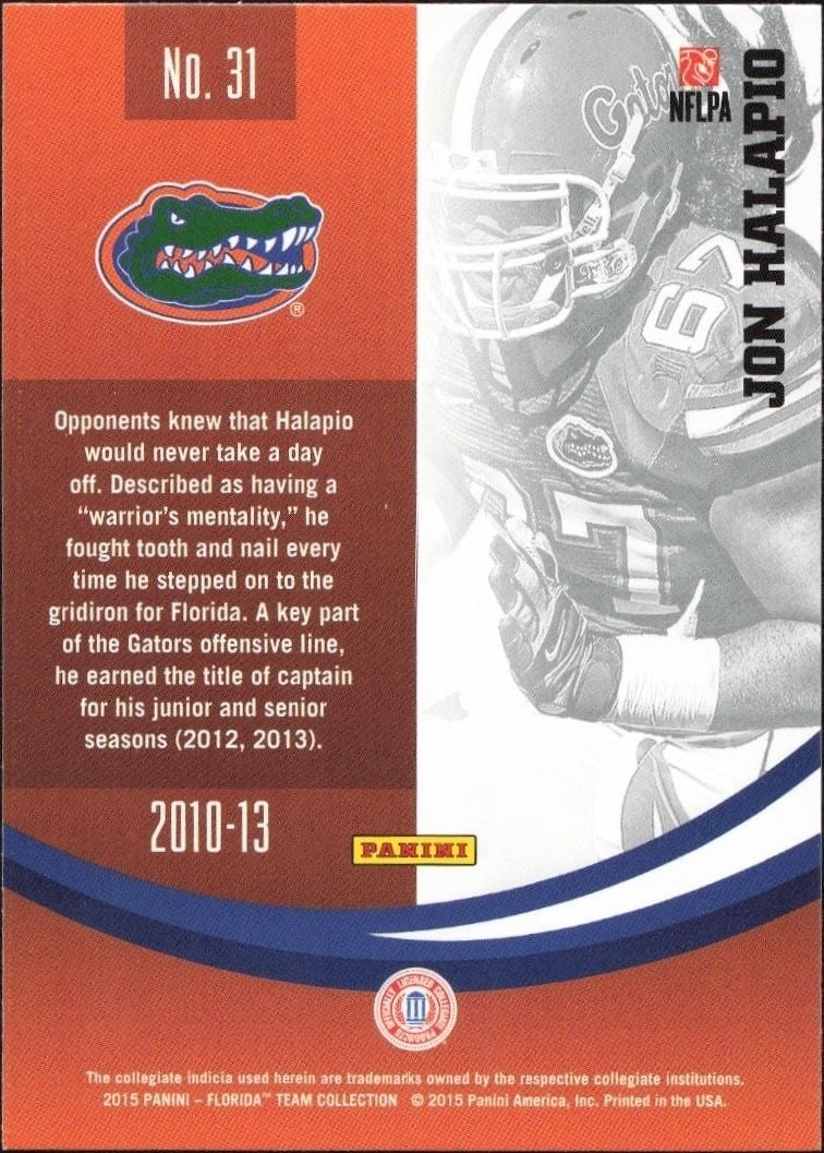 2015 Panini Florida Gators Jon Halapio #31 football trading card back