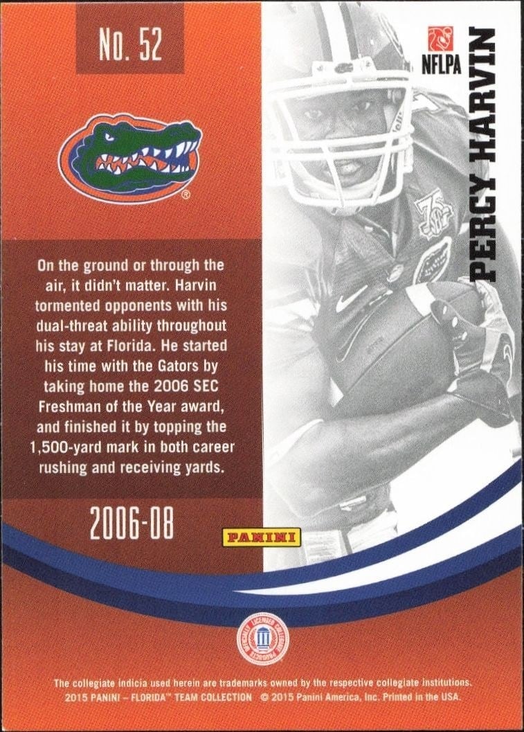 2015 Panini Florida Gators Percy Harvin #52 football trading card back