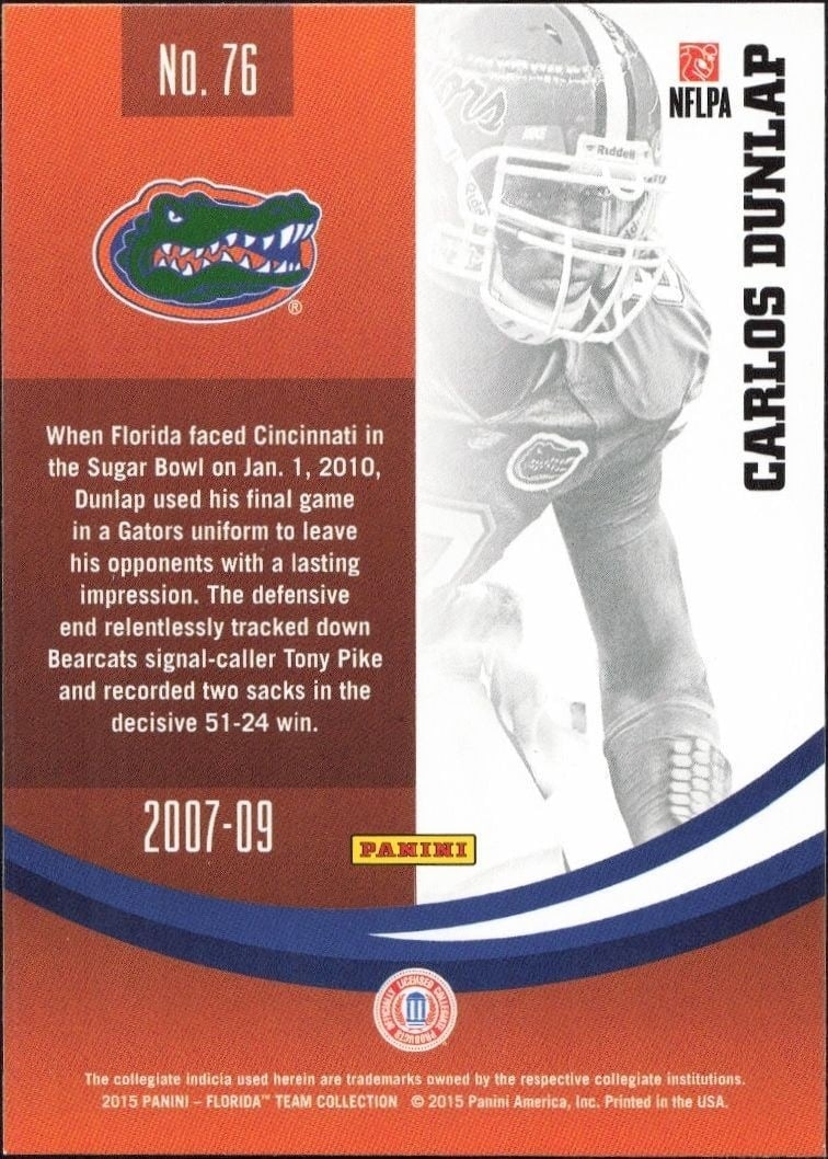 2015 Panini Florida Gators Carlos Dunlar #76 football trading card back