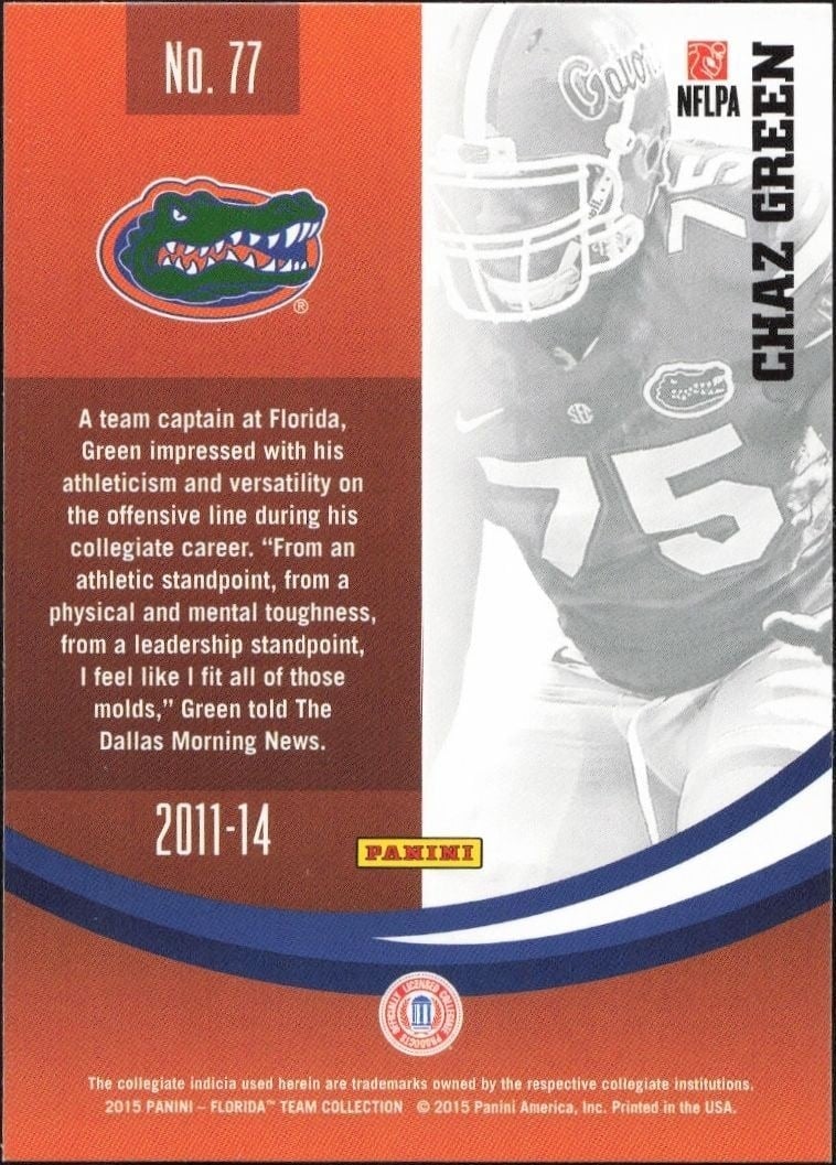 2015 Panini Florida Gators Chaz Green #77 football trading card back