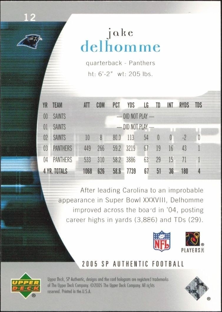 2005 Upper Deck SP Authentic Jake Delhomme #12 football trading card back