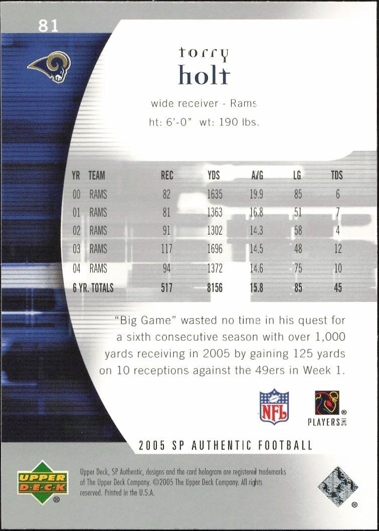 2005 Upper Deck SP Authentic Torry Holt #81 football trading card back