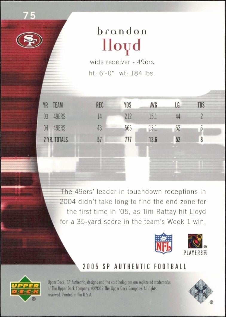 2005 Upper Deck SP Authentic Brandon Lloyd #75 football trading card back