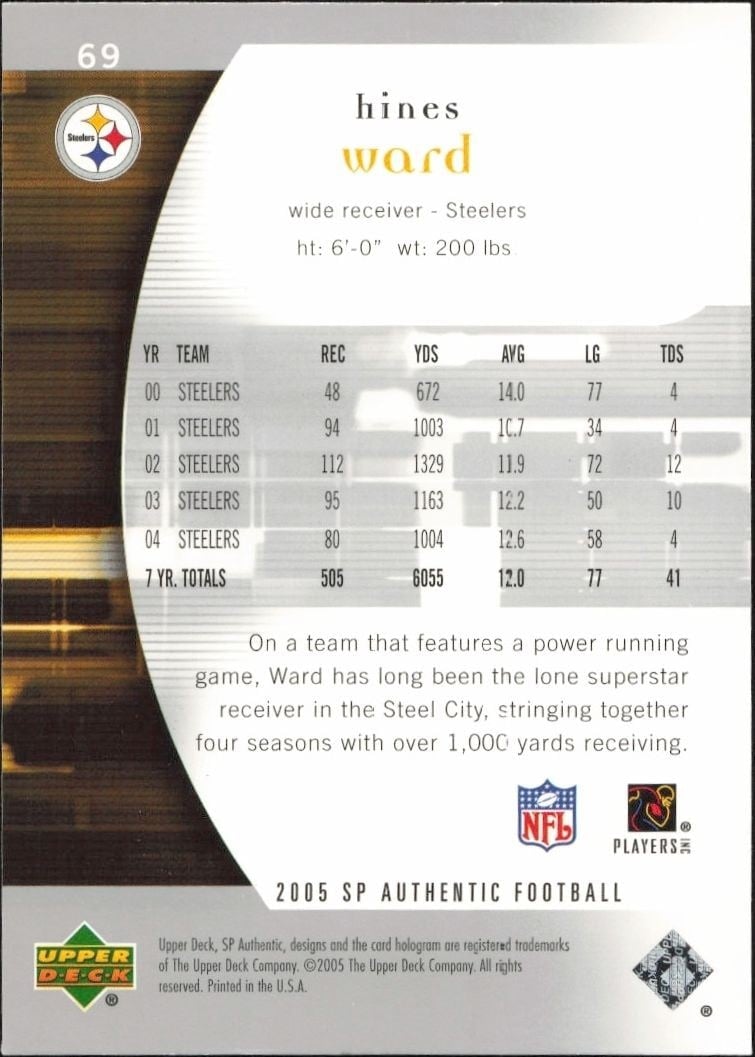 2005 Upper Deck SP Authentic Hines Ward #69 football trading card back