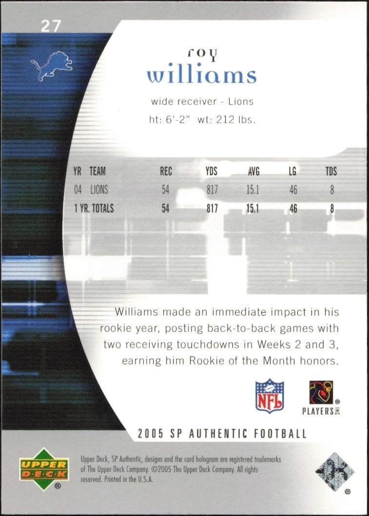 2005 Upper Deck SP Authentic Roy Williams #27 football trading card back
