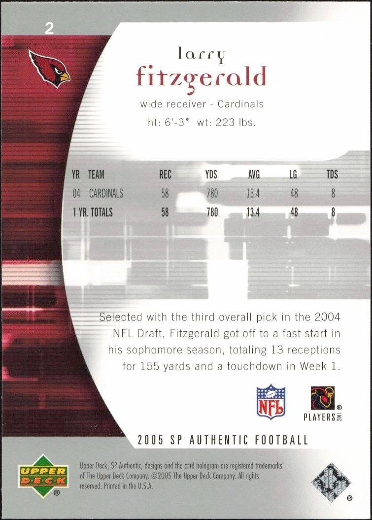 2005 Upper Deck SP Authentic Larry Fitzgerald #2 football trading card back