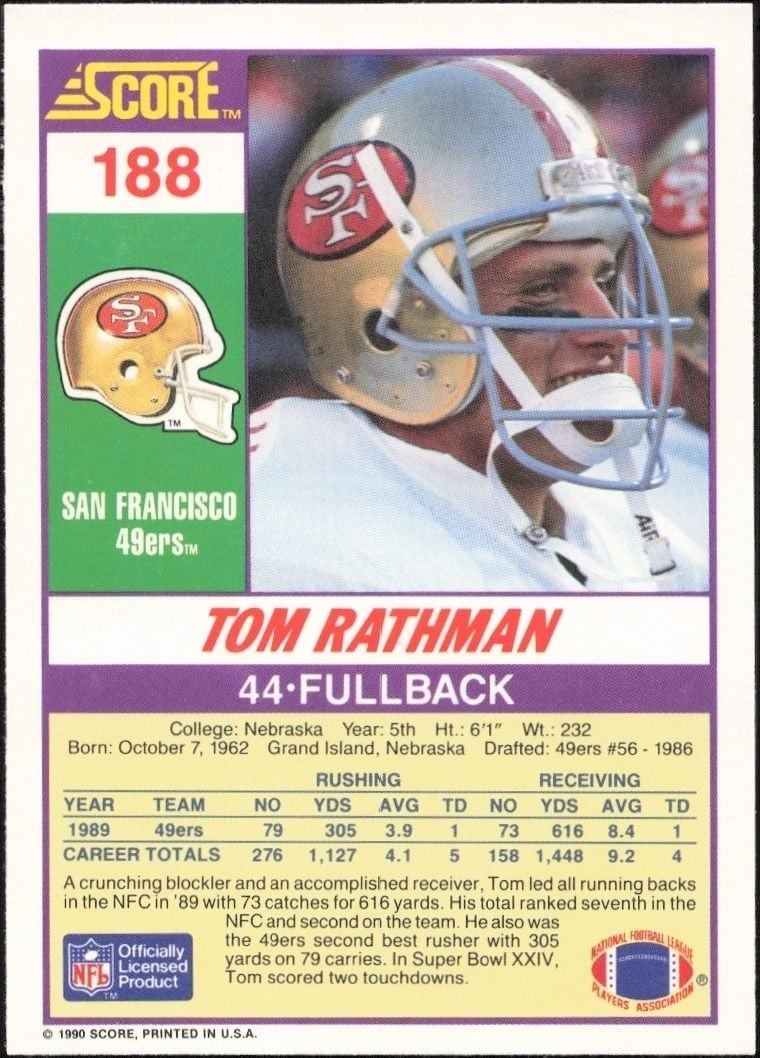 1990 Score Tom Rathman #188 football trading card back