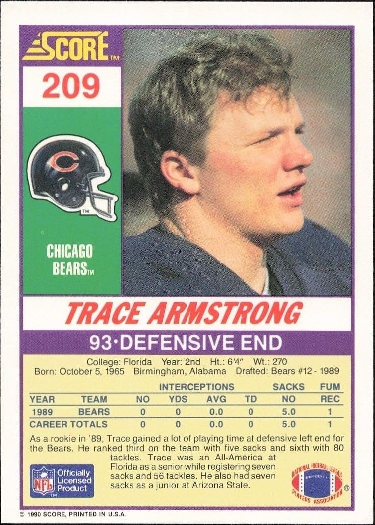 1990 Score Trace Armstrong #209 football trading card back
