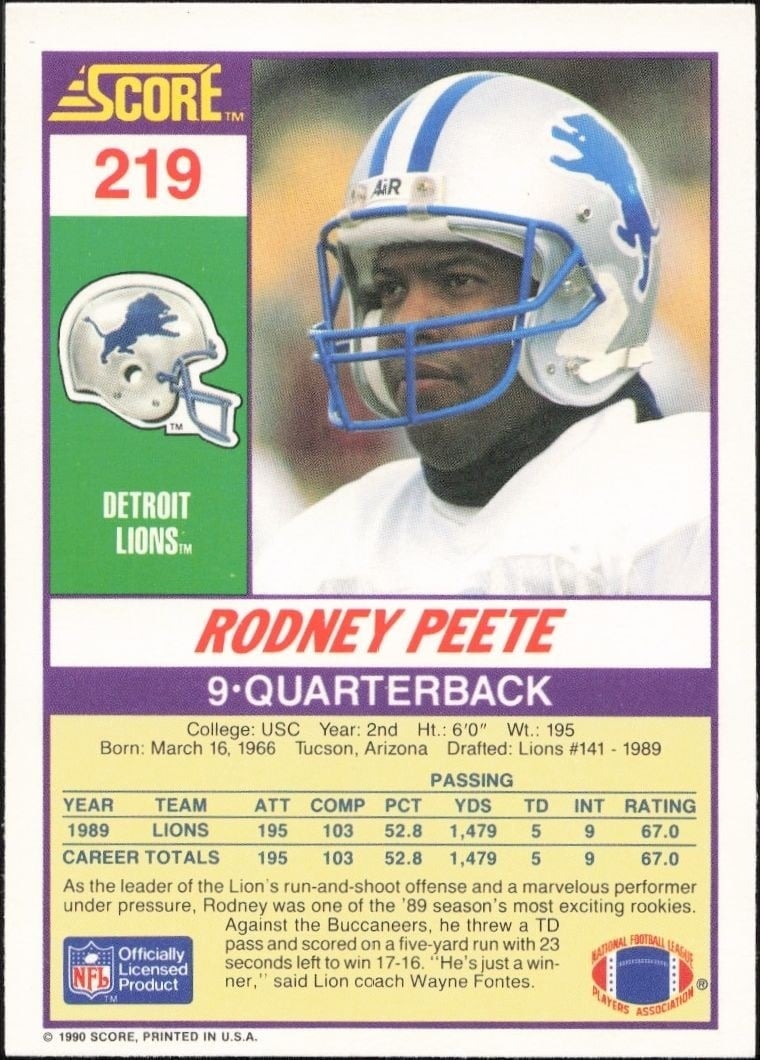 1990 Score Rodney Peete #219 football trading card back