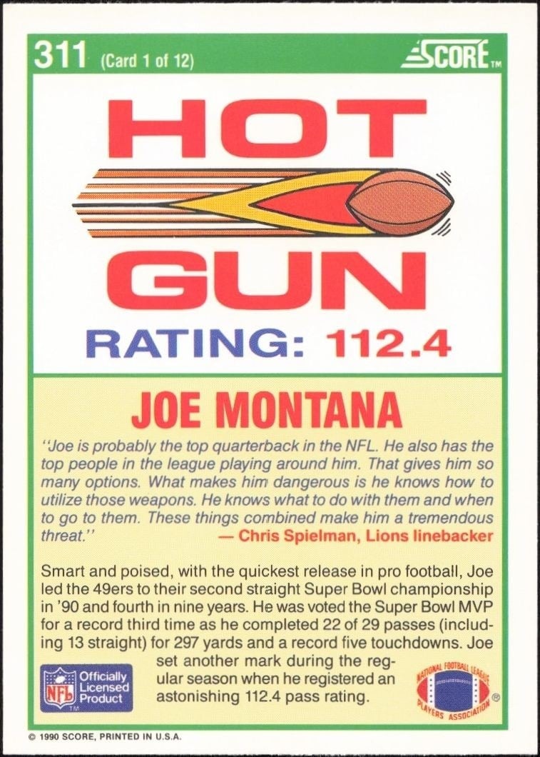 1990 Score Joe Montana #311 football trading card back