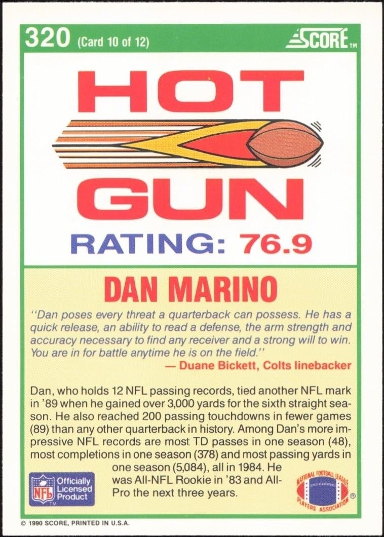 1990 Score Dan Marino #320 football trading card back