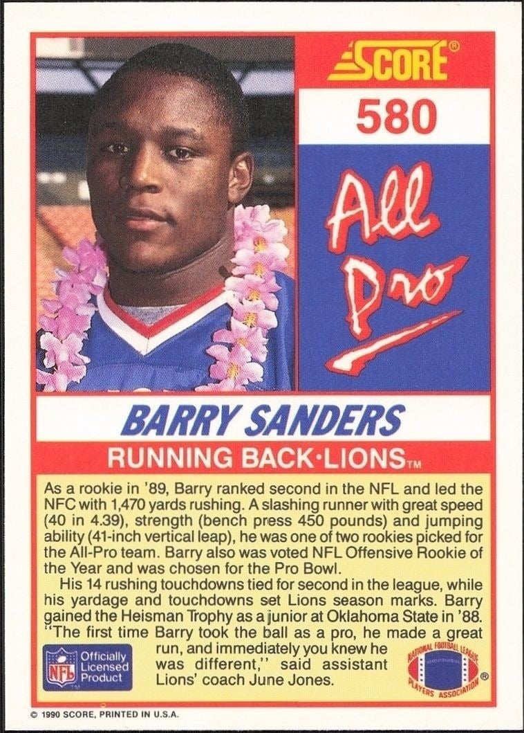 1990 Score Barry Sanders #580 football trading card back