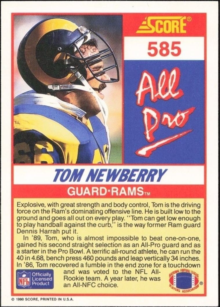 1990 Score Tom Newberry #585 football trading card back