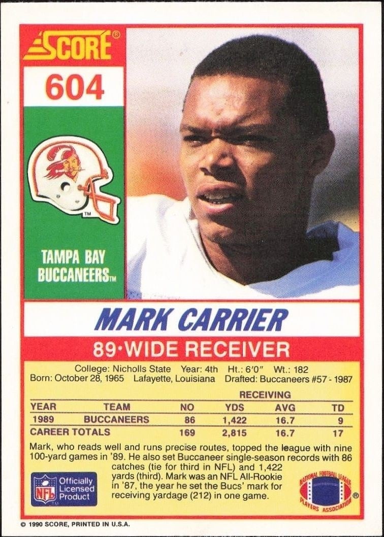 1990 Score Mark Carrier #604 football trading card back