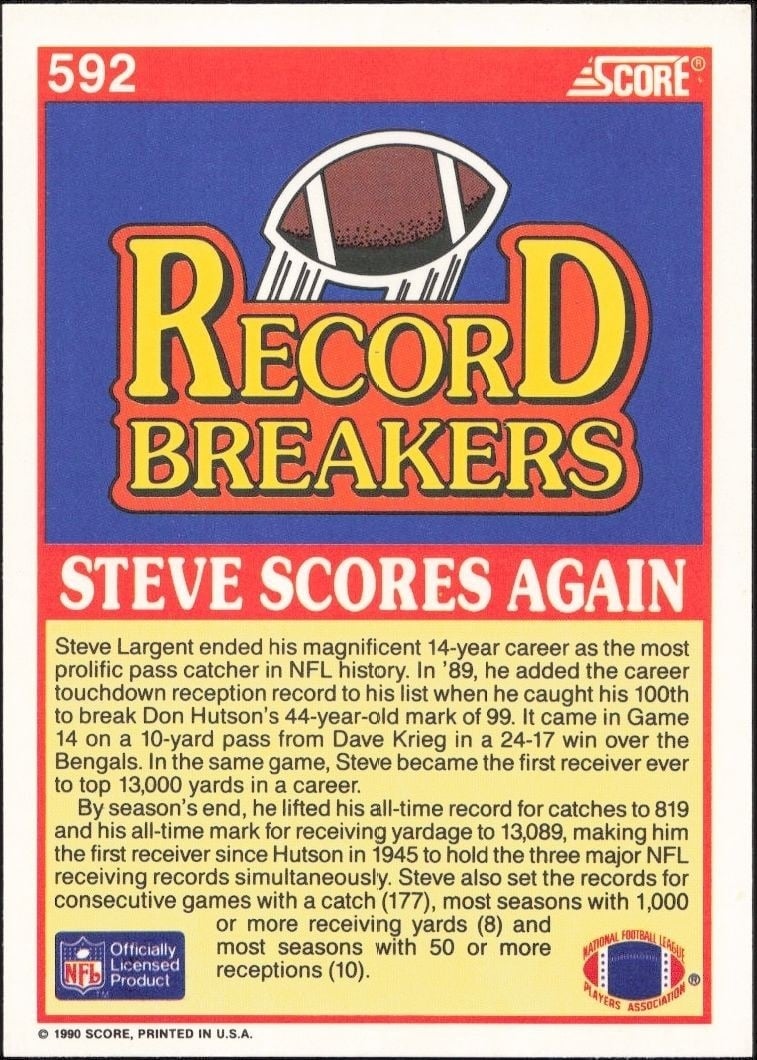1990 Score Steve Largent #592 football trading card back