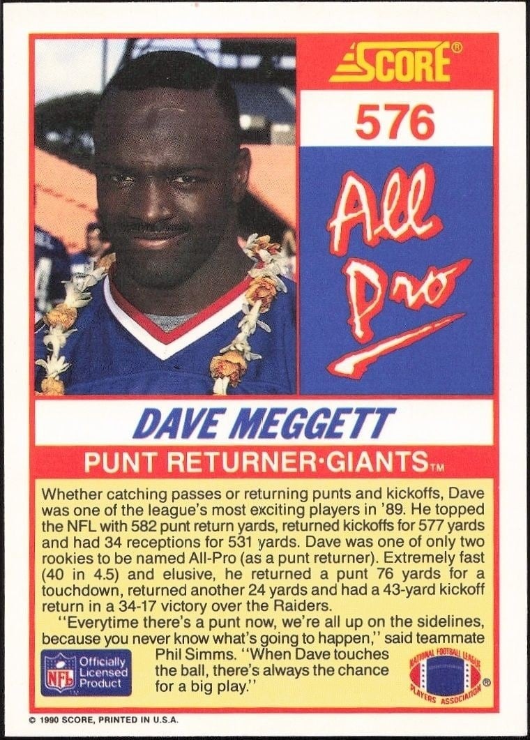 1990 Score Dave Meggett #576 football trading card back