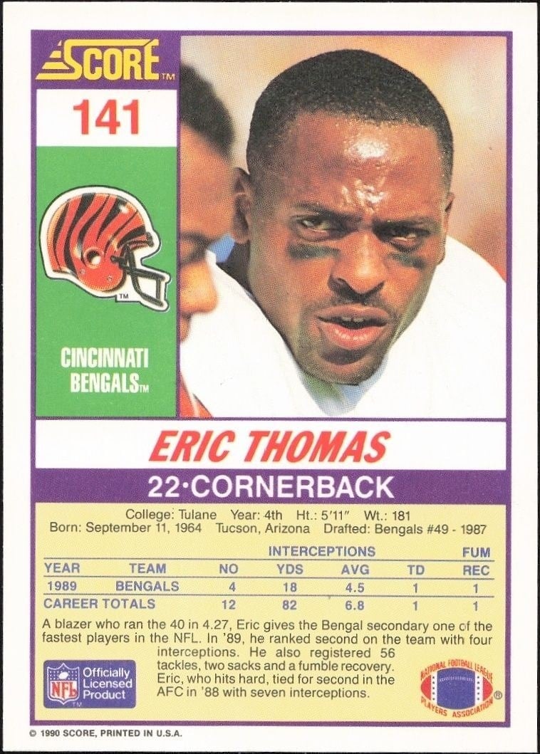 1990 Score Eric Thomas #141 football trading card back