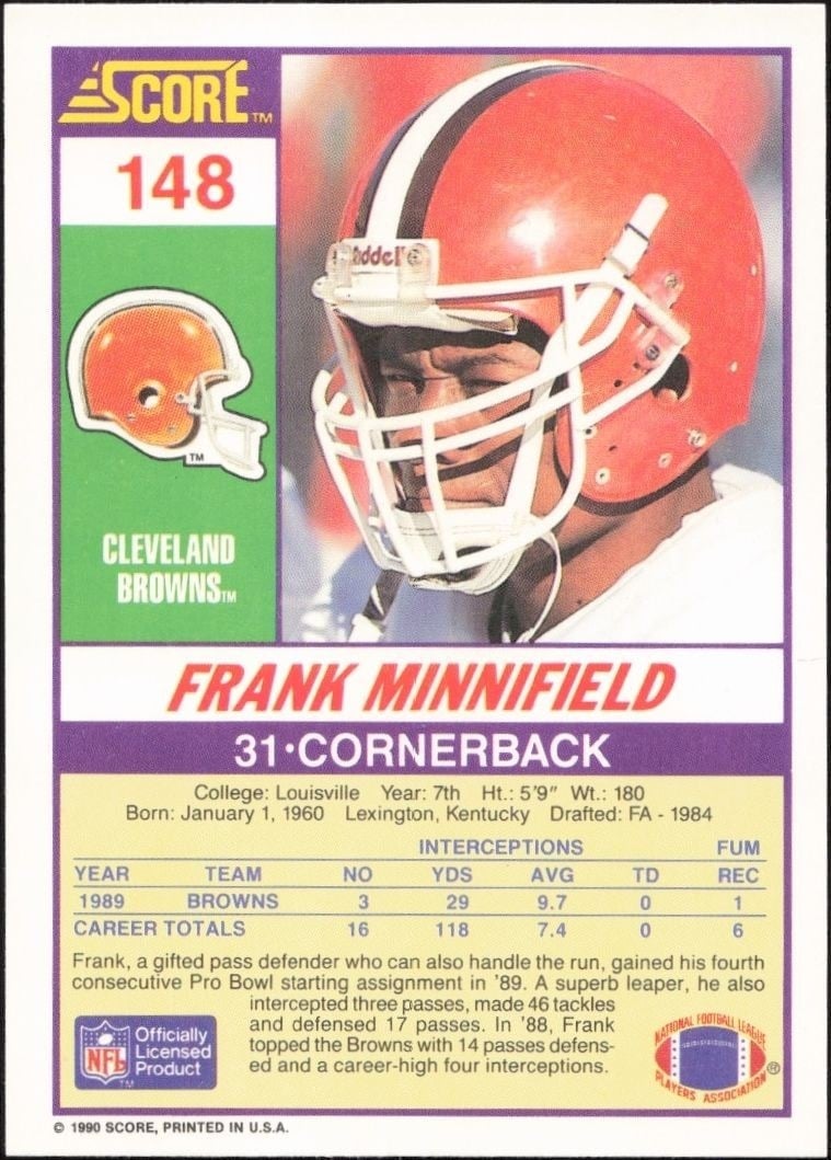 1990 Score Frank Minnifield #148 football trading card back