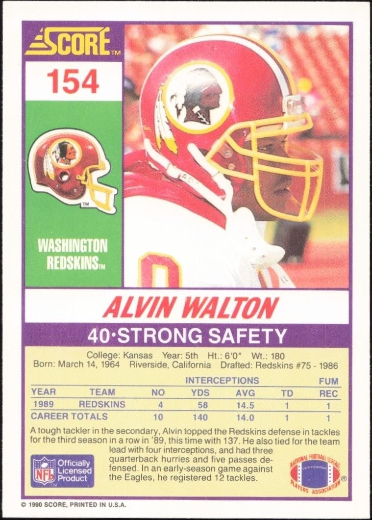 1990 Score Alvin Walton #154 football trading card back