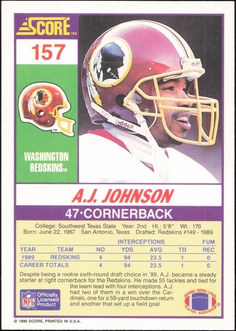 1990 Score A.J. Johnson #157 football trading card back