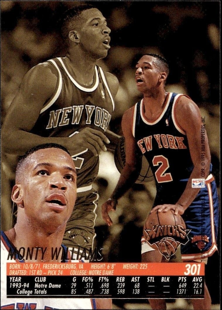 1994-95 Fleer Ultra Monty Williams #301 basketball trading card back