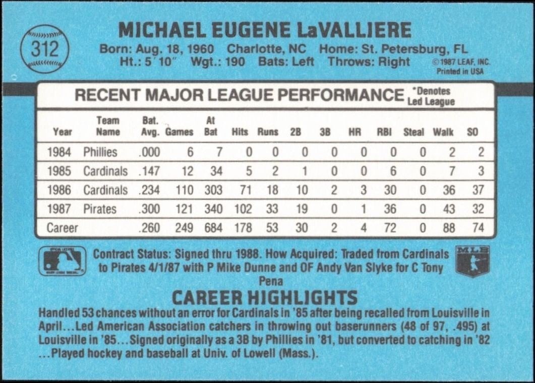 1988 Donruss Mike LaValliere #312 baseball trading card back